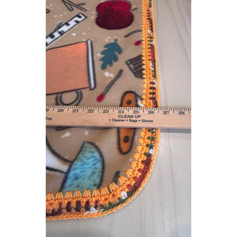 Tan‎ Camping Nature Print Fleece Baby Blanket Crochet Trim Mushrooms 29x26